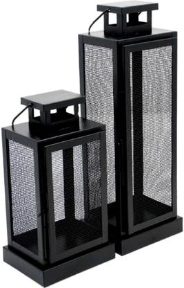 KORZA HOME Iron Candle Lanterns Set of 2 Modern Indoor/Outdoor Hurricane Candle Lantern Black Iron Table Lantern