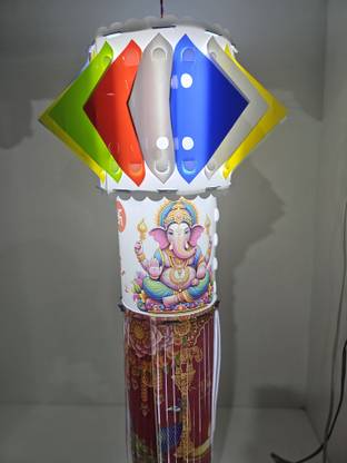 DhirElectronics Ganesh Lakshmi Handmade Diwali Lantern with Light – Reusable & Washable Multicolor Plastic Hanging Lantern