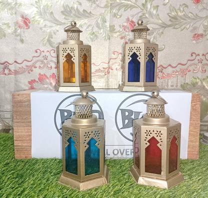 BLUE WELL OVERSEAS Decorative Iron Hanging Lanterns for Home Decoration ( 10x10x17 CM) set of 4 Gold Iron Hanging Lantern