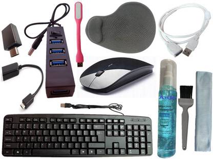 ANJO Keyboard-Wireless Mouse-Wrist Pad-Hub 2.0-3in1 Cleaner-OTG C&M-Ext Cable-LED Combo Set