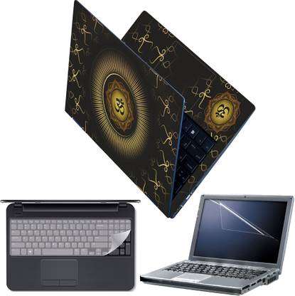 Techfit Full Body Laptop Skin with Screen Guard and Key Guard - Om Golden Spirals Combo Set