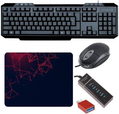 SKOG Wired Keyboard and Mouse Combo with USB Hub, C-Type OTG Cable, Mouse Pad Combo Set