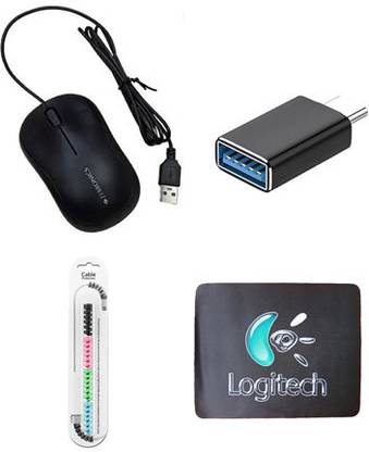 ZEBRONICS Wired Mouse, MousePad, C-OTG & Cable Protector Combo Set