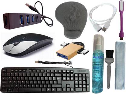 ANJO Keyboard-Wireless Mouse-Wrist Pad-Hub 2.0-3in1 Cleaner-2in1 OTG-Ext Cable-LED Combo Set