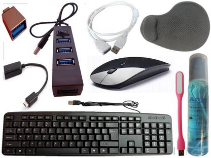 ANJO Wired Keyboard-Wireless Mouse-Wrist Pad-Hub 2.0-Cleaner-OTG C&M-Ext Cable-LED Combo Set
