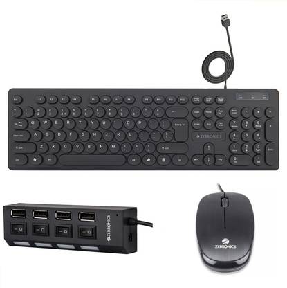 ZEBRONICS K24 Wired Keyboard + Power Mouse + 150HB USB HUB Combo Set