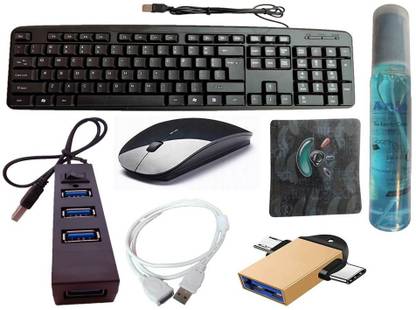 ANJO Wired Keyboard-Wireless Mouse-Pad-Hub 2.0-Cleaner-2in1 OTG C&M-Ext Cable 1.5m Combo Set
