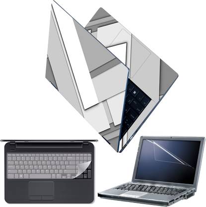 Techfit Full Body Laptop Skin with Screen Guard and Key Guard - Grey White Blocks Combo Set