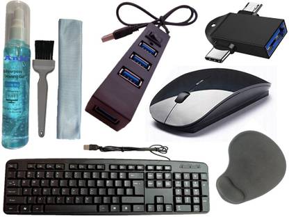 ANJO Wired Keyboard-Wireless Mouse-Wrist Pad-Hub 2.0-3N1Cleaning Kit-OTG 2N1C&M Combo Set
