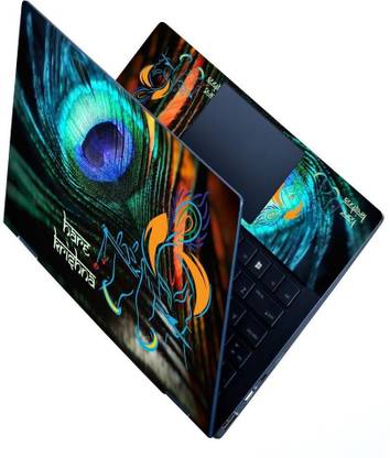 dzazner Premium Vinyl HD Printed Easy to Install Full Panel Laptop Skin/Sticker/Stretchable Vinyl/Cover for all Size Laptops upto 15.6 inch No Residue, Bubble Free - Hare Krishna Feather Self Adhesive Vinyl Reusable Laptop Skin Compatible for 15.6 inch