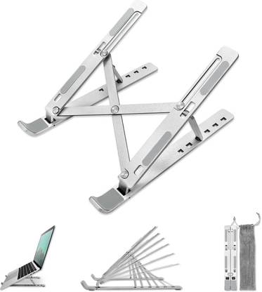 VYAR Laptop Stand, Fold-Up, Adjustable, Ventilated, Portable Laptop Holder for Desk Ergonomic Compatibility with up to 15.6-inch Laptop, All Brands, Tab - Silver Aluminium Desk Stand Rotatable Laptop Stand with Adjustable Height Compatible with 36 - 39cm Laptops