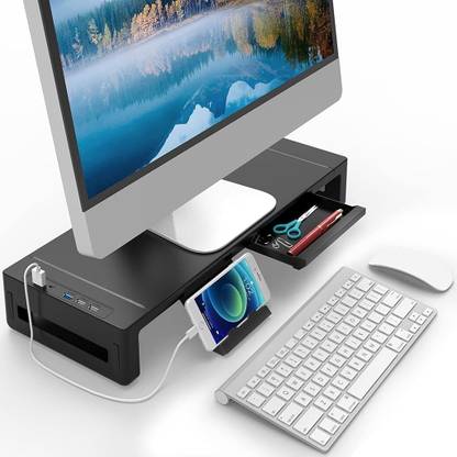 HASTHIP Multifunction Desktop Monitor Stand Riser USB Ports Phone Holder Mini Drawer Desktop Monitor Stand with USB A/C Ports, Phone Stand and Mini Drawer Laptop Stand