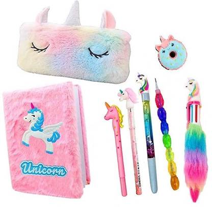 AAPEFLEX Unicorn Combo 8 Pcs Fur Diary/Fur Pouch/Pen/Pencil/Eraser/Fur Pen Gift Set