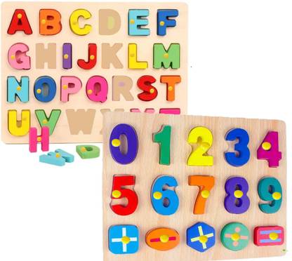 SHALAFI PackOf2 Wooden Alphabets & Numbers Puzzle in Shape Toys Game Math Counting Board