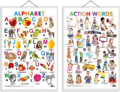 Set of 2 Alphabet and Action Words Early Learning Educational Charts for Kids | 20"X30" inch |Non-Tearable and Waterproof | Double Sided Laminated | Perfect for Homeschooling, Kindergarten and Nursery Students Paper Print