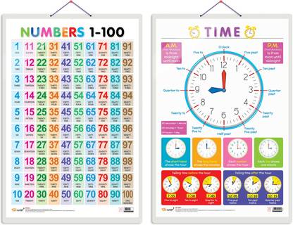 GO WOO Pack of 2 Numbers 1-100 and TIME Educational charts