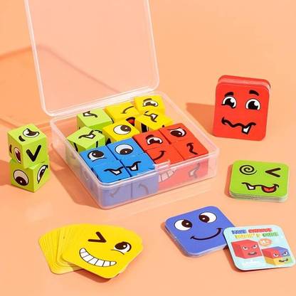 RabbitHill Wooden Magic Face-Changing Cube Puzzle Game With 16 Cubes And 64 Challenge Cards
