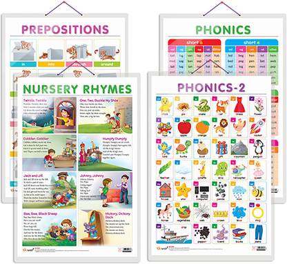 GO WOO Pack of 4 NURSERY RHYMES, PREPOSITIONS, PHONICS - 1 and PHONICS - 2 Charts
