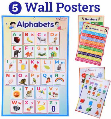 Early8Years Kids 5 Charts, Numbers 1-100, Number Names,Aphabets, Shapes, Colors (18x12 Inch)