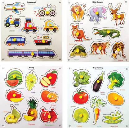 Khilonewale Set Of 4 Wooden Puzzles ~ Transports, Animals, Fruits, Vegetables