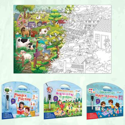 GO WOO SHAPES, PHONICS, SEARCH & FIND activity mat & GIANT AT THE FARM COLOURING POSTER