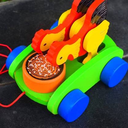 ShopiMoz Chicken Car Wooden Musical Pull Along Toy for Kids