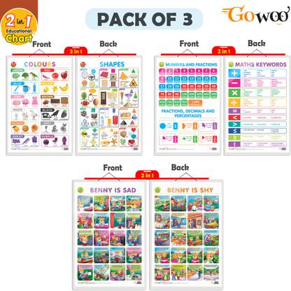 Set of 3 |2 IN 1 NUMBER & FRACTIONS AND MATHS KEYWORDS, 2 IN 1 COLOURS AND SHAPES and 2 IN 1 BENNY IS SAD AND BENNY IS SHY Early Learning Educational Charts for Kids | 20"X30" inch |Non-Tearable and Waterproof | Double Sided Laminated | Perfect for Homeschooling, Kindergarten and Nursery Students Paper Print