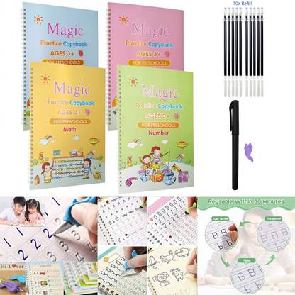MDM HUB Magic Practice Copybook, (4 Book + 1 Pen + 10 Refill) Number Tracing Book For Preschoolers With Pen, Magic Calligraphy Books For Kids Reusable Writing Tool (Multicolor)