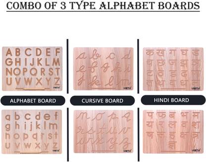 Virth Combo Of 3 Types Alphabet Learning Wooden Slate For 2+Year Kids