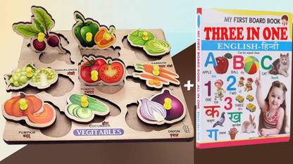 Plus Shine Vegetable Shapes Educational Jigsaw Puzzles Board with Picture Kids +3in1 Book