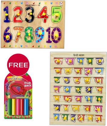 dp tools Hindi Alphabets and 0-10 Numbers Wooden Puzzle with Knob & Get Free Clay Pack
