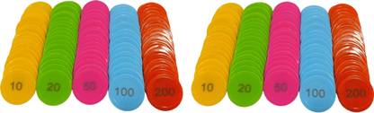 MOREL PLASTIC RUMMY TOKEN 10 20 50 100 200 EACH OF 40 PCS TOTAL 200 TOKEN MULTICOLOR.