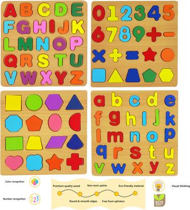 poksi Combo of 4( Alphabets, Number, shapes) WOODEN LEARNING PUZZLE BOARD
