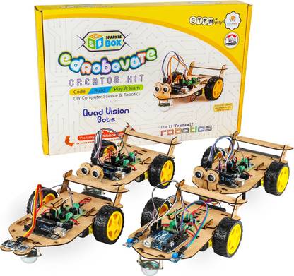 Sparkle box 4 in 1 Quad Vision Bots | Age 10 Years and Above | Science Robot Toys for Kids |Modular Electronic Circuits | (Line Following+Obstacle avoiding+Edge avoiding Using+Maze Solving)