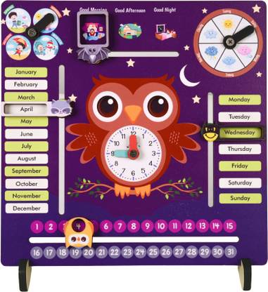 WISHKEY 7 in 1 Multifunctional Wooden Calendar Clock With Sliders For Toddlers Kids