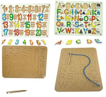 COLOBINE MDF Board English Alphabets ABCD Capital Letters and Number 1-20 with Multicolor Pictures Puzzle Board Tray Game with Practice Sets Educational and Learning Toy for Kids 3 Years and Above