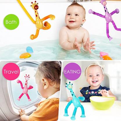 JP GLOBAL Telescopic Suction Cup Giraffe Toy with Light, Sensory Toddlers Multicolor