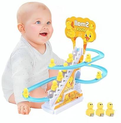 Adhira Toys Climbing Stairs Dancing Duck Slide Toy with Light and Music - 3 Piece Small Duck