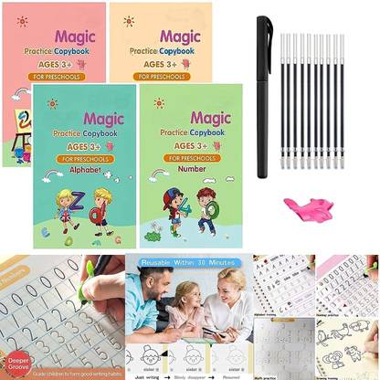 Mynxe Magic Groove (4 BOOK + 10 REFILL) Number Tracing Book For Preschoolers With Pen