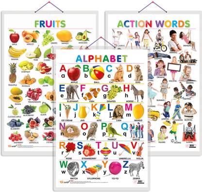 GO WOO Pack of 3 Alphabet, Fruits and Action Words Educational charts