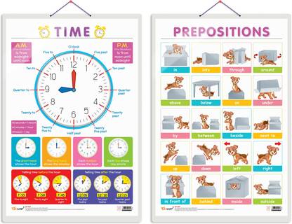 Set of 2 TIME and PREPOSITIONS Early Learning Educational Charts for Kids | 20"X30" inch |Non-Tearable and Waterproof | Double Sided Laminated | Perfect for Homeschooling, Kindergarten and Nursery Students Paper Print