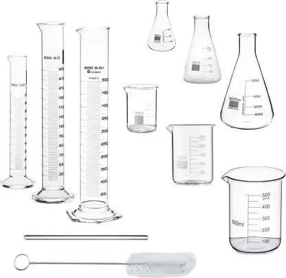 LabHouse Cylinder Beaker & Conical Flask 100,250,500ml with Stirring Rod & Cleaning Brush