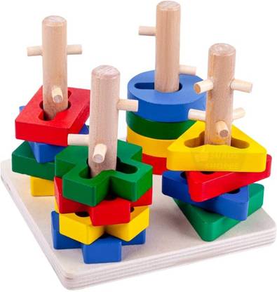 Little Mind Wooden Geometric Shape Four Column Blocks Stacking Puzzle Toy for Kids