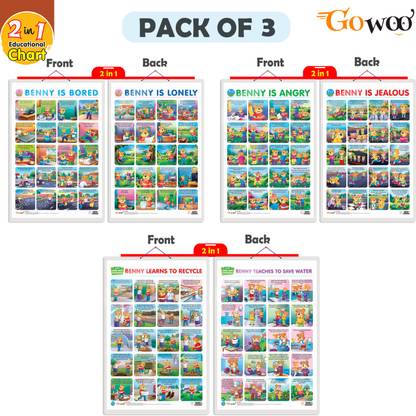 Set of 3 | 2 IN 1 BENNY IS ANGRY AND BENNY IS JEALOUS, 2 IN 1 BENNY IS BORED AND BENNY IS LONELY and 2 IN 1 BENNY LEARNS TO RECYCLE AND BENNY TEACHES TO SAVE WATER Early Learning Educational Charts for Kids | 20"X30" inch |Non-Tearable and Waterproof | Double Sided Laminated | Perfect for Homeschooling, Kindergarten and Nursery Students Paper Print