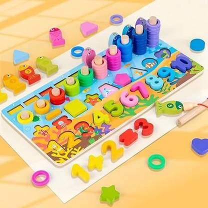 Little Mind Wooden Fishing Board Game 4 in 1- Numbers, Shapes,, Stacking