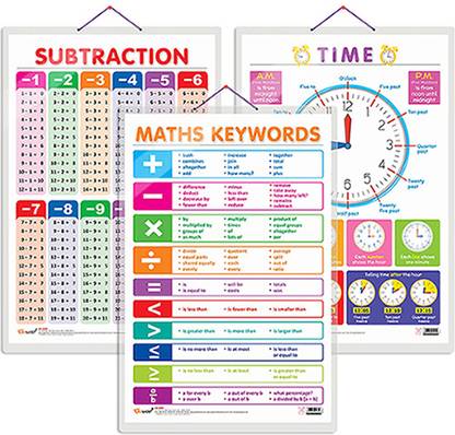 GO WOO Pack of 3 TIME, SUBTRACTION and MATHS KEYWORDS charts