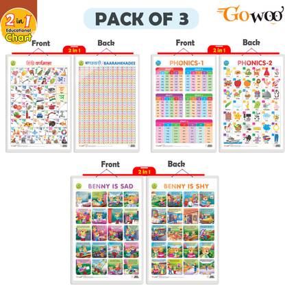 Set of 3 | 2 IN 1 PHONICS 1 AND PHONICS 2, 2 IN 1 HINDI VARNMALA AND BAARAHKHADEE and 2 IN 1 BENNY IS SAD AND BENNY IS SHY Early Learning Educational Charts for Kids | 20"X30" inch |Non-Tearable and Waterproof | Double Sided Laminated | Perfect for Homeschooling, Kindergarten and Nursery Students Paper Print