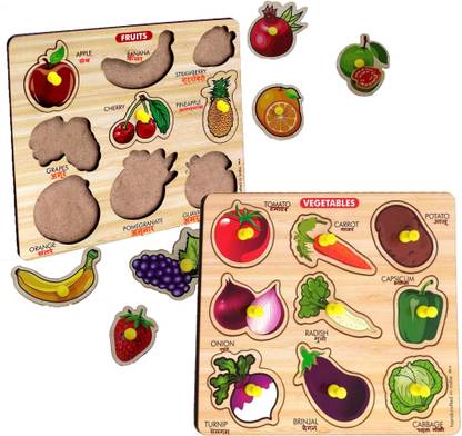 SHALAFI Fruits & Vegetables Shape Name Puzzle on Wooden Board Games For Kids PackOf2
