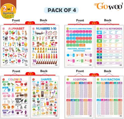 Set of 4 | 2 IN 1 ALPHABET AND NUMBER 1-10, 2 IN 1 NUMBER & FRACTIONS AND MATHS KEYWORDS, 2 IN 1 COLOURS AND SHAPES and 2 IN 1 ADDITION AND SUBTRACTION Early Learning Educational Charts for Kids | 20"X30" inch |Non-Tearable and Waterproof | Double Sided Laminated | Perfect for Homeschooling, Kindergarten and Nursery Students Paper Print