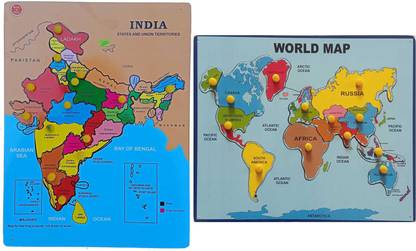 FireFlies Wooden Combo India Map & World map Puzzle Learning Toy For Kids